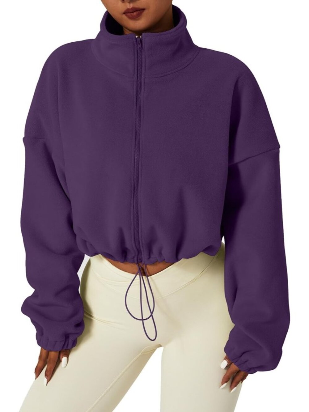 Women's Purple Full Zip Fleece Short Jacket Winter Long Sleeve Collar Crop Coat
